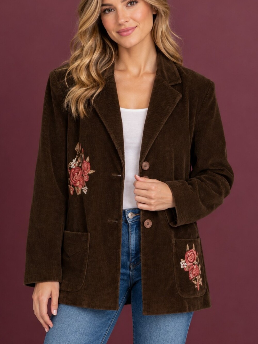 VTG 1970s AVON Dark Brown Floral Rose Embroidered Corduroy Blazer Size 3X